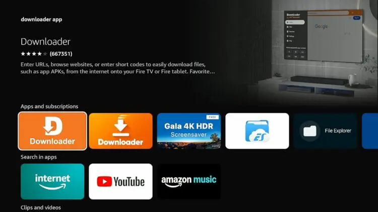 Downloader app in Fire TV search results