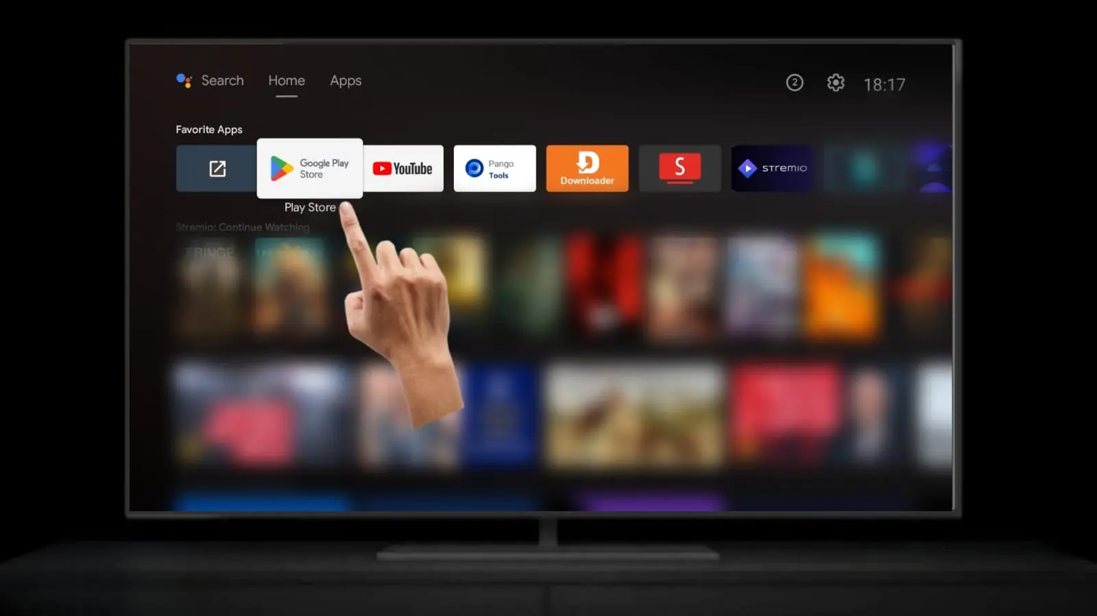 Opening Google Play Store on Google TV to find Downloader