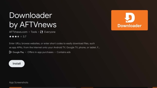 Downloader by AFTVnews app page on Android TV — tap Install