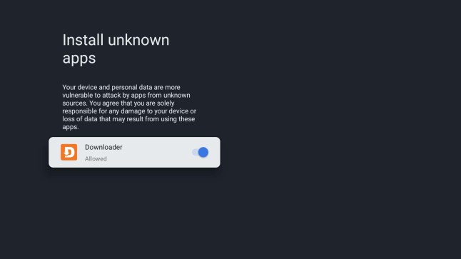 Allow Downloader app to install unknown apps — toggle ON