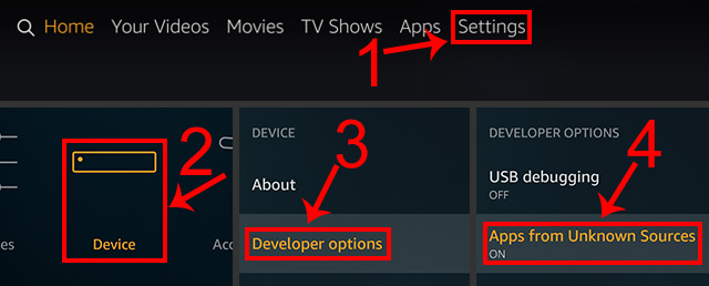 TV Box Settings path to enable Apps from Unknown Sources — Settings → Device → Developer Options